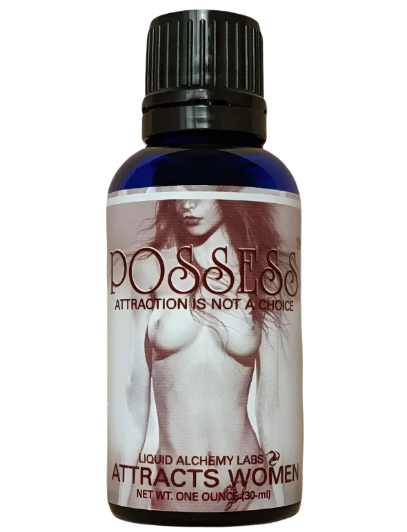 Product bottle with a black lid and a monochrome label that reads 'POSSESS' with a seductive graphic of a women, designed to attract women.