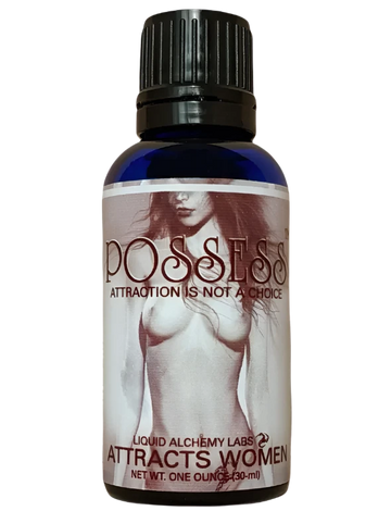 Product bottle with a black lid and a monochrome label that reads 'POSSESS' with a seductive graphic of a women, designed to attract women.