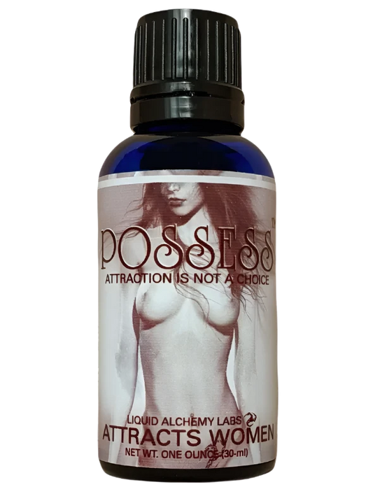 Product bottle with a black lid and a monochrome label that reads 'POSSESS' with a seductive graphic of a women, designed to attract women.