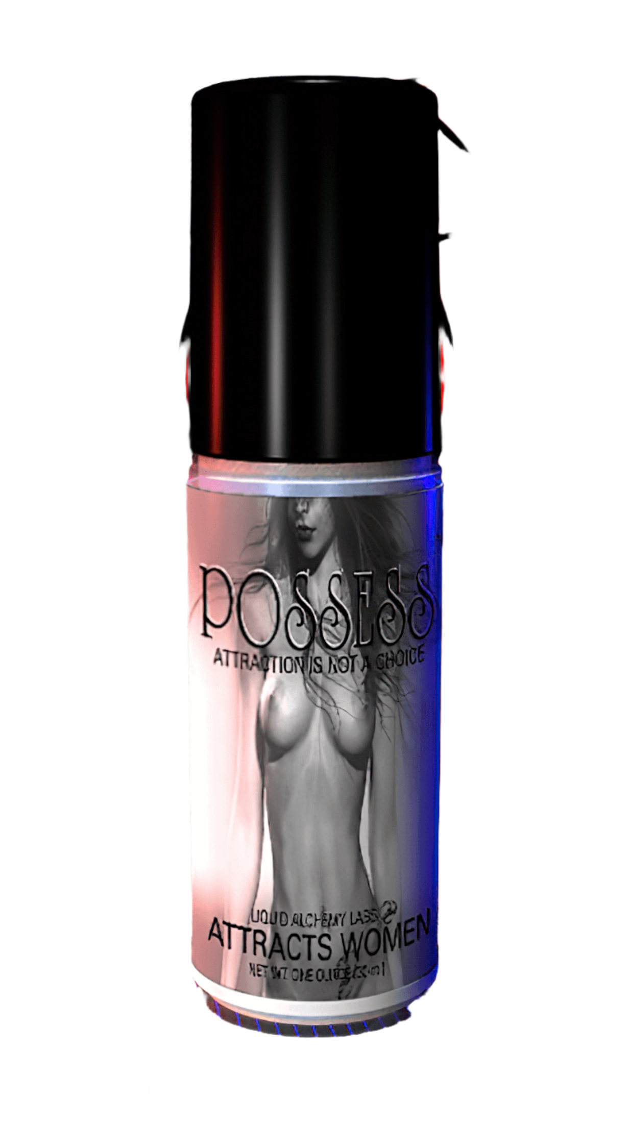 Black and white cylindrical bottle labeled 'POSSESS' with an illustration of a man and the text 'Attraction is not a choice' and 'Attracts Men.'