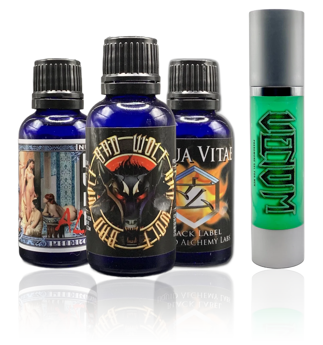 Bad Wolf, Nude Alpha, Aqua Vitae and Venom pheromone bottles