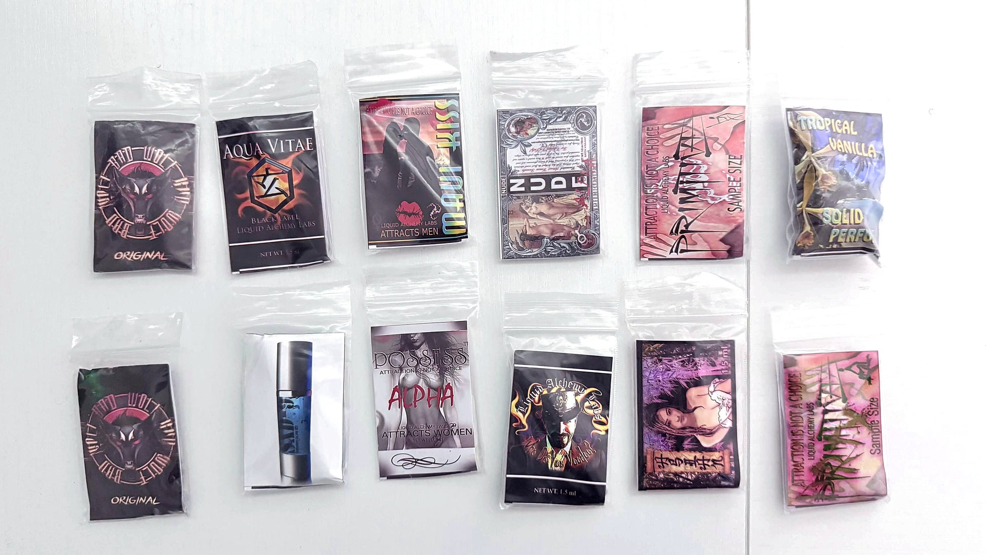 Liquid Alchemy Labs pheromone sample fragrance pack - full range of sample labels