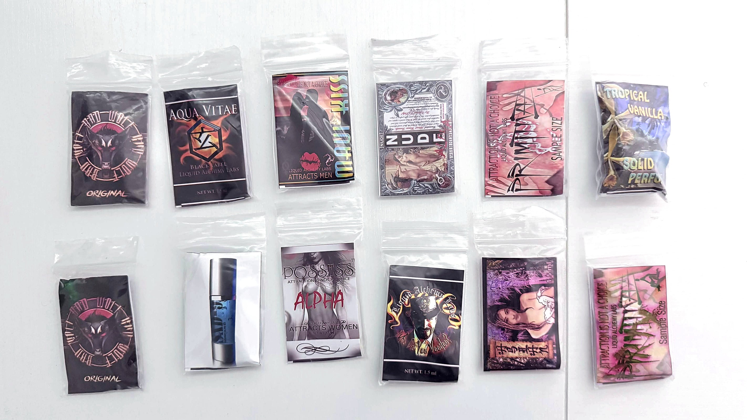 Liquid Alchemy Labs pheromone sample fragrance pack - full range of sample labels