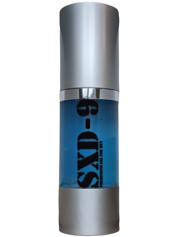 A metallic 'SXD9 Pheromone' spray bottle featuring a translucent middle that displays a blue liquid inside. 