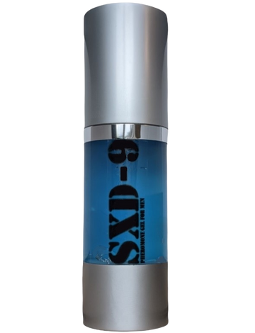 A metallic 'SXD9 Pheromone' spray bottle featuring a translucent middle that displays a blue liquid inside. 