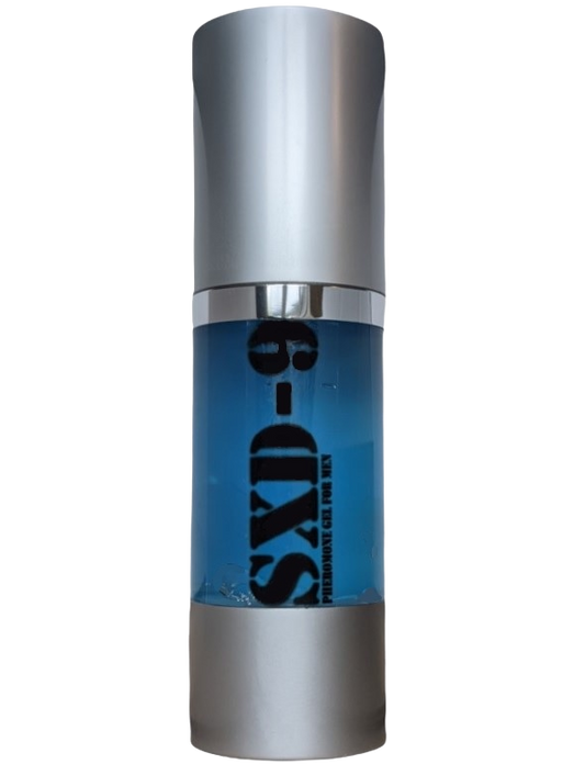 A metallic 'SXD9 Pheromone' spray bottle featuring a translucent middle that displays a blue liquid inside. 