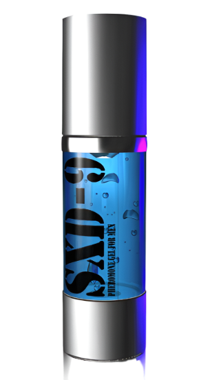 A sleek, metallic spray bottle of 'SXD9 Pheromone' cologne with a transparent center showcasing a blue liquid, highlighted by a purple glow at the top.