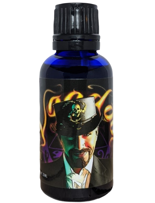 A pheromone tinted blue bottle labeled 'Voodoo Pheromone for Men', featuring a stylized image of a man in a top hat adorned with a skull.