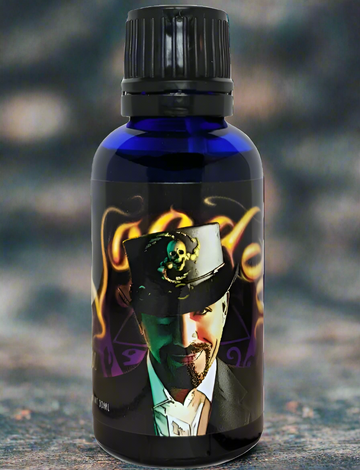 A bottle of perfume labeled 'Voodoo Pheromone for Men' with a stylized graphic of a man wearing a top hat.