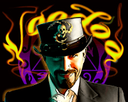 A stylized graphic of a man wearing a top hat decorated with a skull.