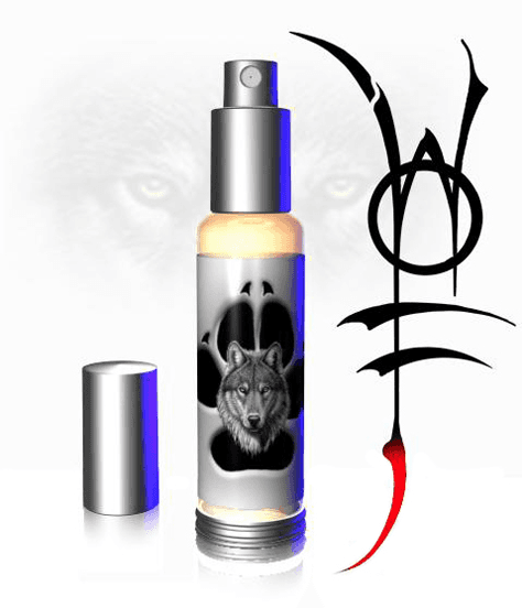 A pheromone bottle with its lid off, the cap placed beside it, and the word "Wolf" displayed prominently.